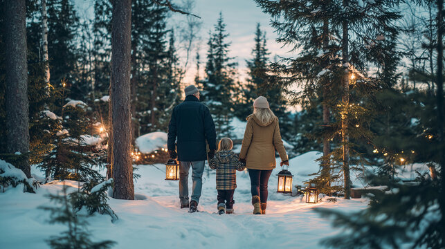 Winter Season Activities, Family Walking Through Snowy Winter Forest at Dusk Carrying Lanterns Enjoying Peaceful Seasonal Outdoor Activity Together