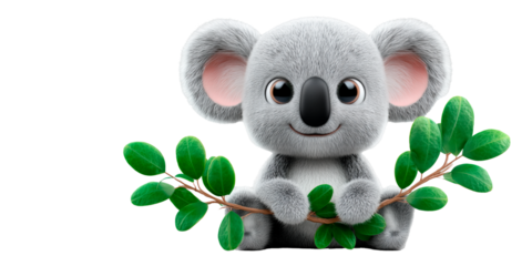 Cute koala sitting on a small branch with green leaves in a bright setting during daylight