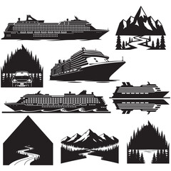 Cruise Ship and Mountain Adventure Silhouette Bundle Travel, Road Trip and Nature Clipart Set