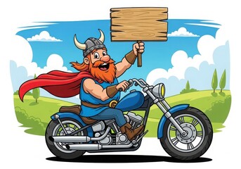 Cartoon viking riding a motorcycle and holding a wooden sign