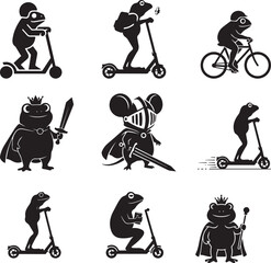 Funny Frog and Mouse Silhouette Bundle &ndash; Scooters, Bicycles, Kings and Knights Clipart Set