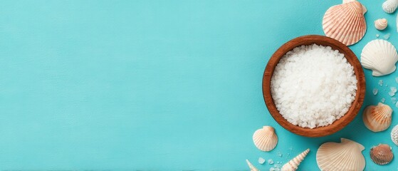 Skincare Exfoliation Ritual concept. Bowl of salt and shells on a vibrant turquoise background.