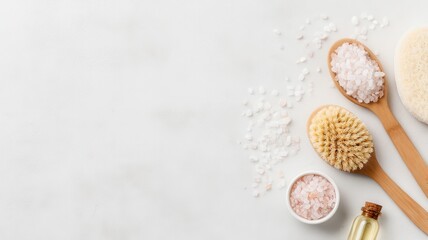 Skincare Exfoliation Ritual concept. Spa essentials with brushes and salt, creating a calming atmosphere.