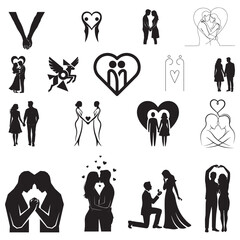 Romantic Couple Silhouette Clipart &ndash; Love, Proposal, Valentine, Heart Line Art, and Relationship Icons Bundle