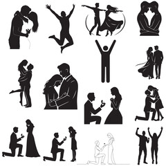 Romantic Couple Silhouette SVG Bundle Proposal, Love, Dancing and Hugging Clipart for Valentine&rsquo;s and Weddings