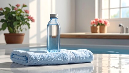 Hydration and Relaxation - Water Bottle on Towel in Bathroom.