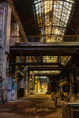 Industrial ruin interior with layered platforms