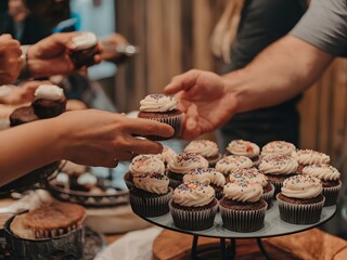 Hands serving freshly baked cupcakes with icing and sprinkles at a casual gathering