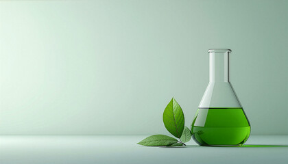 Clay style biofuel background with copy space, 3D lab flask for renewable energy and biotech concept