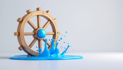 Clay style water wheel background with copy space, 3D hydro power and renewable energy concept