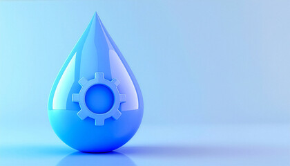 Clay style water drop background with gear and copy space, 3D hydro power and water tech concept