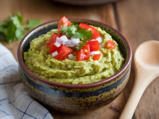 Homemade guacamole in a ceramic bowl with chopped tomatoes, onion, and cilantro