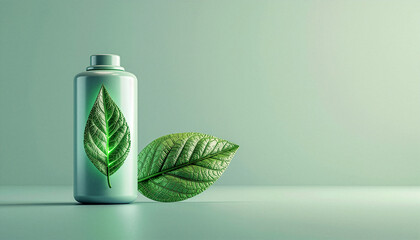 Clay style green battery background with leaf and copy space, 3D sustainable energy storage concept