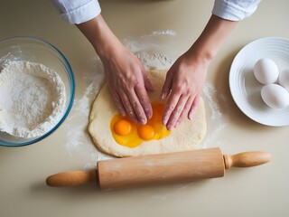 Overhead view of a hands preparing dough with flour, eggs, and rolling pin