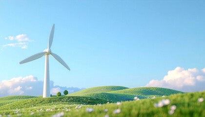 Clay style wind turbine background with copy space, 3D render of renewable energy and green power concept