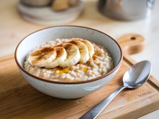A bowl of oatmeal with cinnamon, topped with sliced bananas and a drizzle of honey