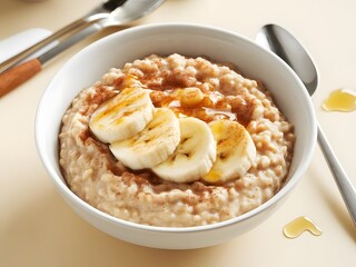 A bowl of oatmeal with cinnamon, topped with sliced bananas and a drizzle of honey