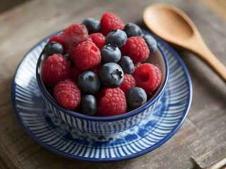 A bowl of mixed berries, including raspberries and blueberries, on a blue-patterned plate