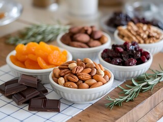 A collection of assorted nuts, dried fruit, and dark chocolate in small bowls on a wooden table