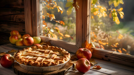 Cozy autumn setting with homemade apple pie by a sunlit window for seasonal inspiration