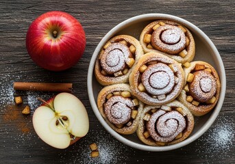 Overhead view of freshly baked cinnamon apple rolls dusted with powdered sugar on a wooden table