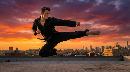Martial arts fighter performing flying kick on city rooftop at sunset. Karate warrior jumping in air with urban skyline background