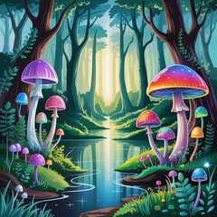 Glowing Fantasy Mushrooms in Magical Forest