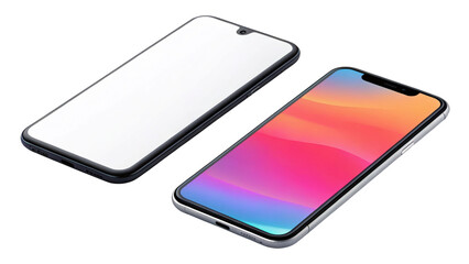 Two smartphones one with colorful screen and one blank isolated on transparent background
