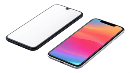 Two smartphones one with colorful screen and one blank isolated on transparent background