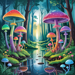 Surreal Fantasy Forest with Luminous Mushrooms