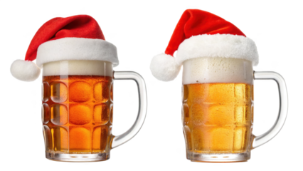 Two festive beer mugs with santa hats isolated on transparent background