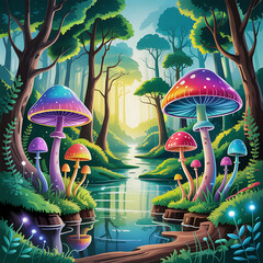 Magical Fairy Forest with Colorful Mushrooms