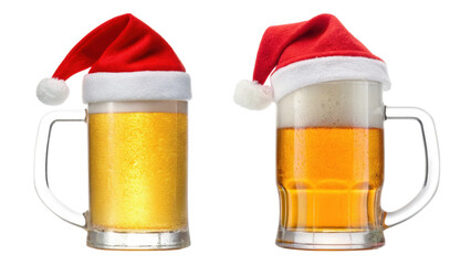 Two festive beer mugs with santa hats isolated on transparent background