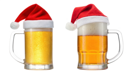 Two festive beer mugs with santa hats isolated on transparent background