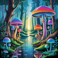 Colorful Enchanted Forest with Fantasy Mushrooms