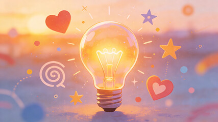 Glowing lightbulb with hearts and stars, symbolizing optimism and creativity in a bright, hopeful concept.