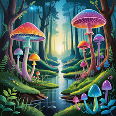 Enchanted Fantasy Forest with Rainbow Mushrooms