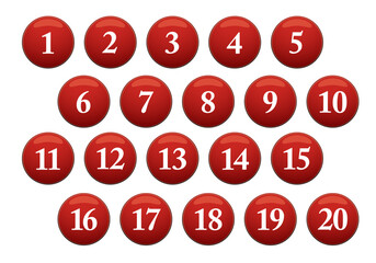 立体感のある赤い丸の数字アイコンセット。1〜20。白背景にベクターイラスト。