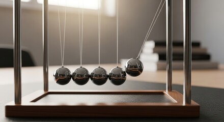 Newton's cradle in motion on a modern office desk
