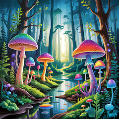 Magical Woodland with Luminous Mushrooms