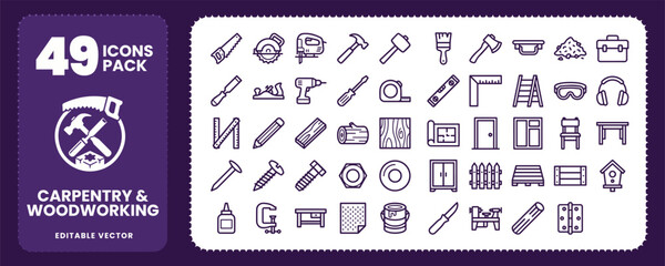 Carpentry and Woodworking Tool Icons for Construction Design