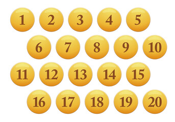 立体感のある黄色い丸の数字アイコンセット。1〜20。白背景にベクターイラスト。