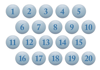 立体感のある水色の丸の数字アイコンセット。1〜20。白背景にベクターイラスト。