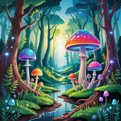 Colorful Fantasy Mushrooms in Enchanted Woods