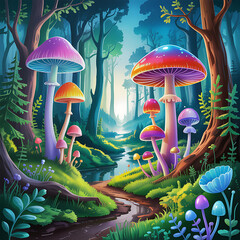 Fantasy Mushroom Forest with Glowing Light Illustration