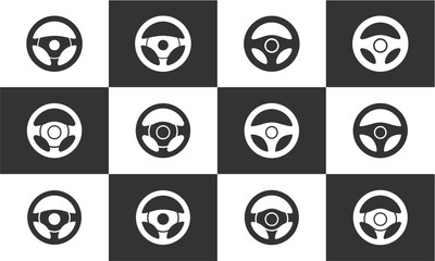 A checkerboard pattern featuring twelve distinct steering wheel icons in black and white, illustrating various car control designs.