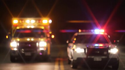 An intense and urgent night scene featuring an ambulance and a police patrol car with their bright flashing emergency lights illuminating the dark street symbolizing immediate public safety and criti.