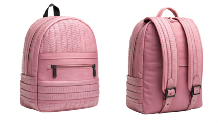Pink backpack with textured fabric isolated on transparent background