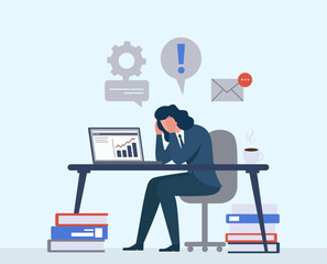 Stressed businesswoman at desk overwhelmed by work, emails, alerts and rising charts, Work Stress, Deadline Pressure, Problem Solving, Email Notifications, Data Analytics