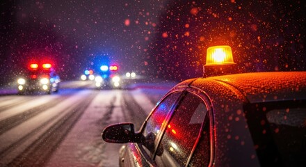 Police cars with flashing lights on snowy road at night